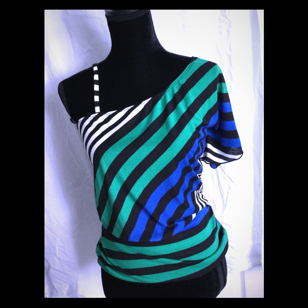 Green, Blue, White & Black Striped Shirt